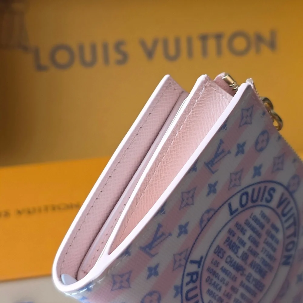 Louis Vuitton Pink and Pastel Blue Monogram Zip Card Pouch with Gold LV Charm